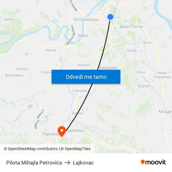 Pilota Mihajla Petrovića to Lajkovac map