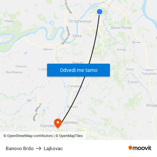 Banovo Brdo to Lajkovac map