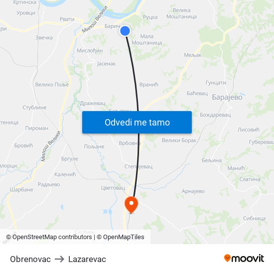 Obrenovac to Lazarevac map