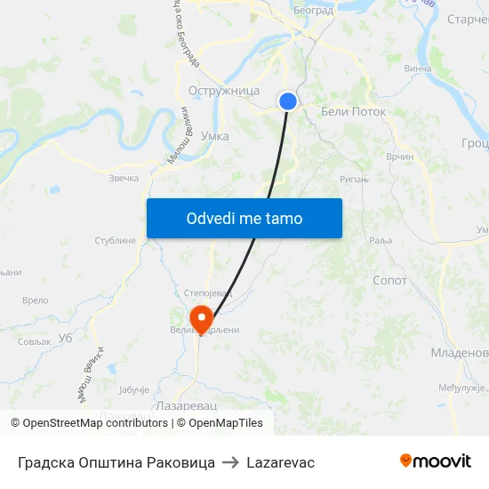 Градска Општина Раковица to Lazarevac map