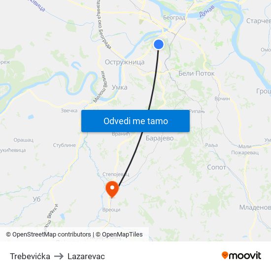 Trebevićka to Lazarevac map