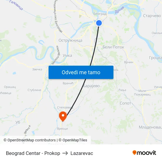 Beograd Centar - Prokop to Lazarevac map