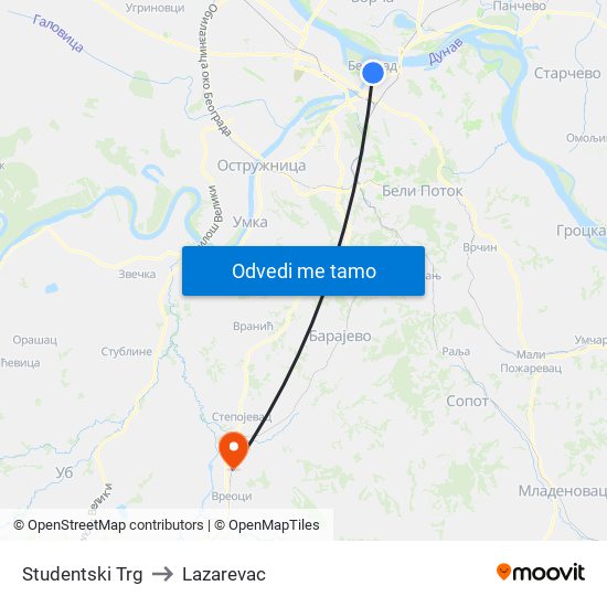 Studentski Trg to Lazarevac map