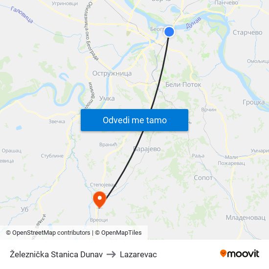 Železnička Stanica Dunav to Lazarevac map