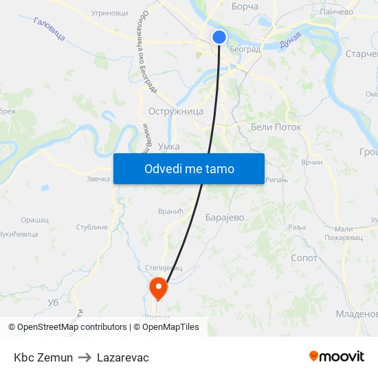 Kbc Zemun to Lazarevac map