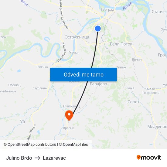 Julino Brdo to Lazarevac map