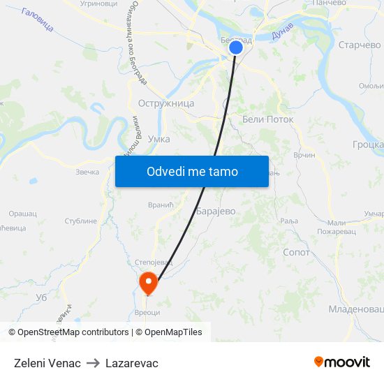 Zeleni Venac to Lazarevac map