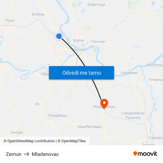 Zemun to Mladenovac map