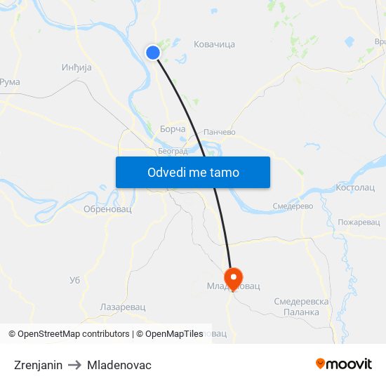 Zrenjanin to Mladenovac map