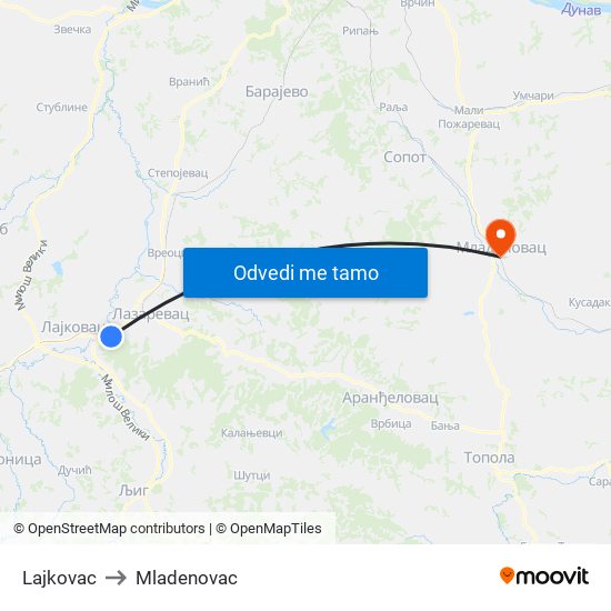 Lajkovac to Mladenovac map