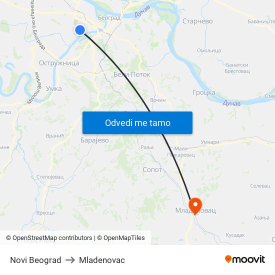 Novi Beograd to Mladenovac map