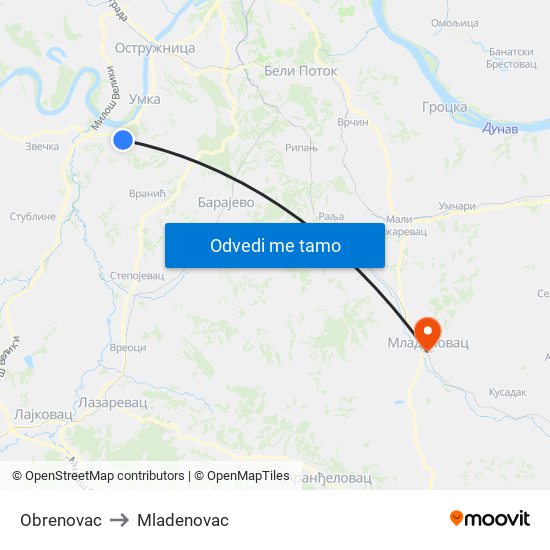 Obrenovac to Mladenovac map