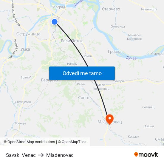 Savski Venac to Mladenovac map