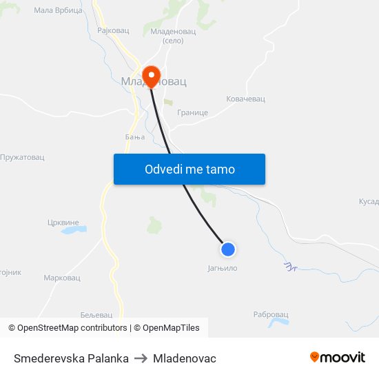 Smederevska Palanka to Mladenovac map