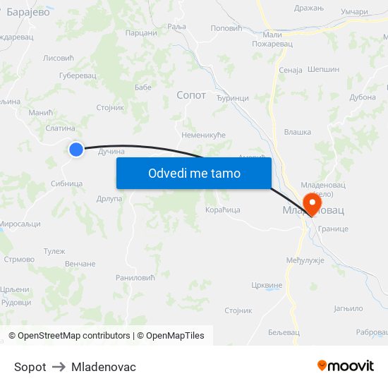 Sopot to Mladenovac map