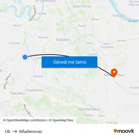 Ub to Mladenovac map