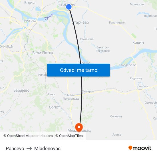 Pancevo to Mladenovac map