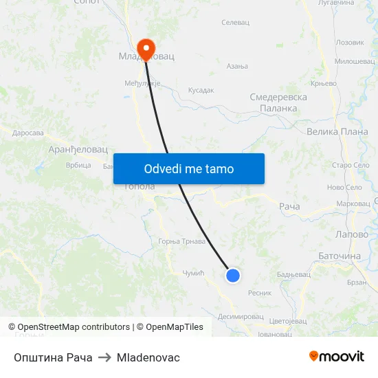 Општина Рача to Mladenovac map