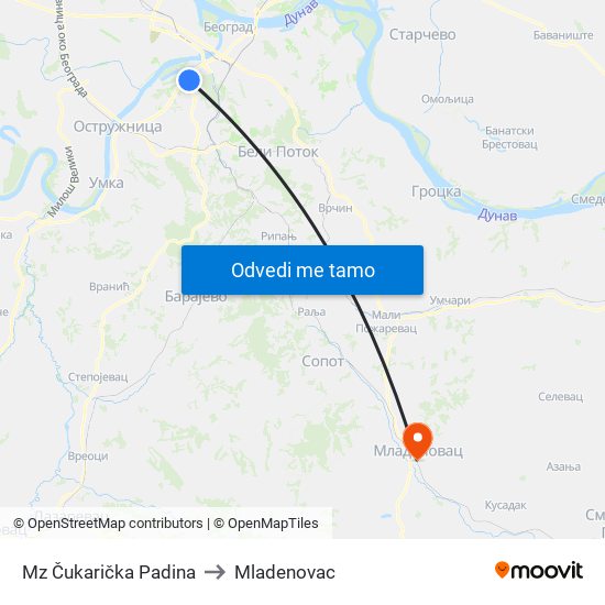 Mz Čukarička Padina to Mladenovac map