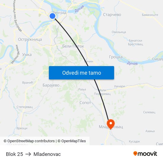 Blok 25 to Mladenovac map