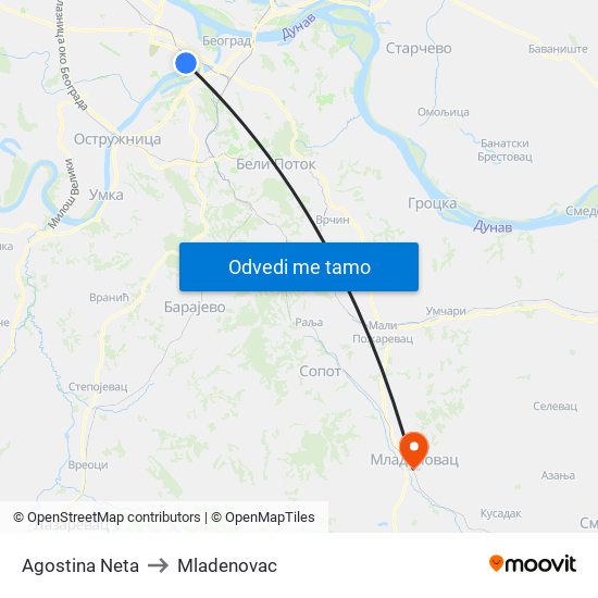 Agostina Neta to Mladenovac map