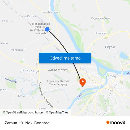 Zemun to Novi Beograd map