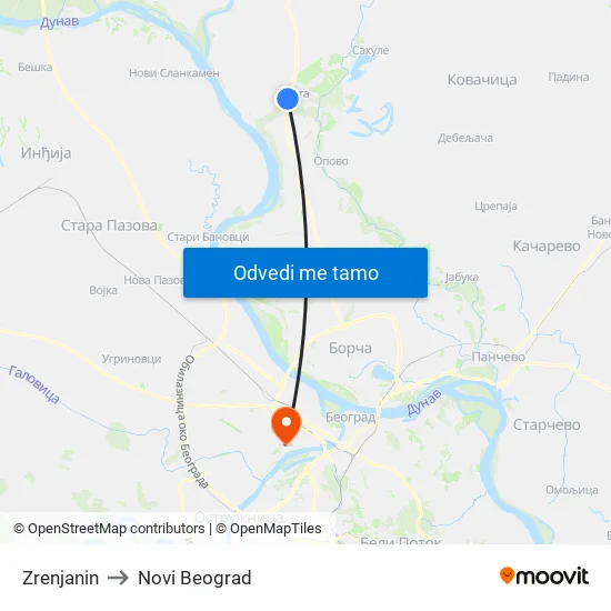 Zrenjanin to Novi Beograd map