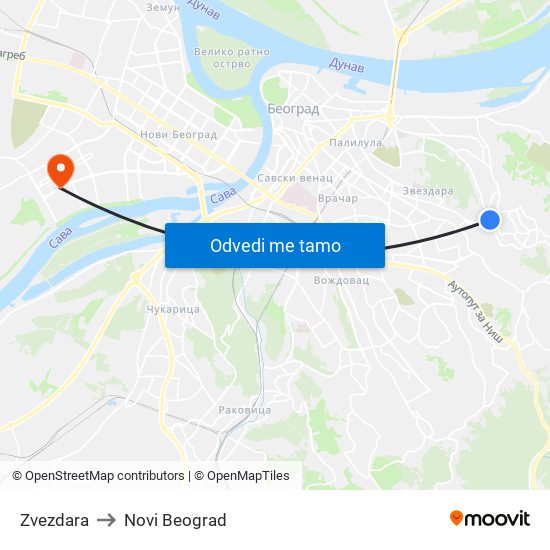 Zvezdara to Novi Beograd map