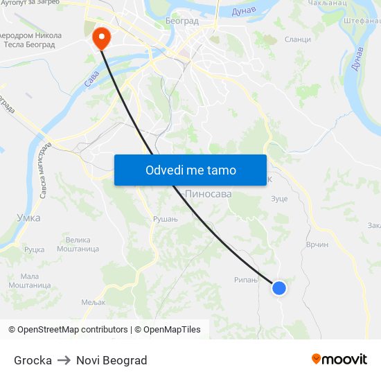 Grocka to Novi Beograd map