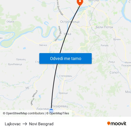 Lajkovac to Novi Beograd map