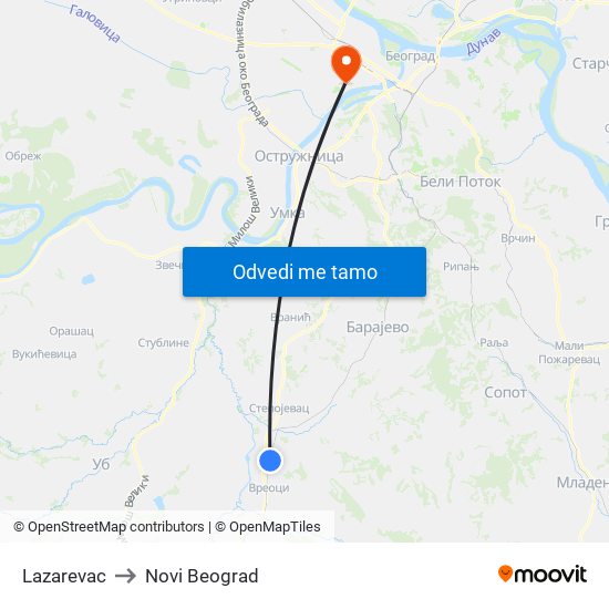 Lazarevac to Novi Beograd map