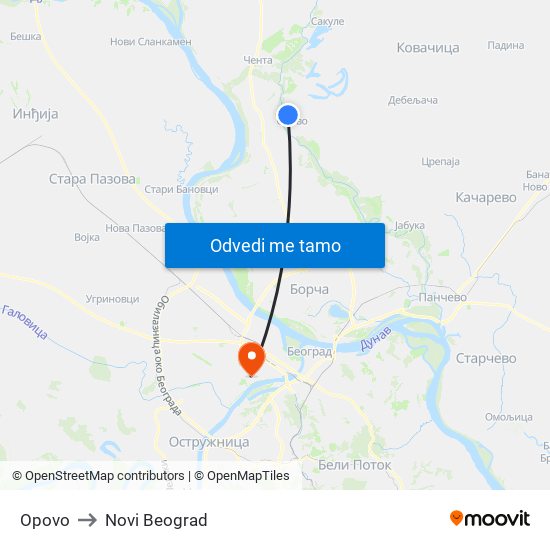 Opovo to Novi Beograd map