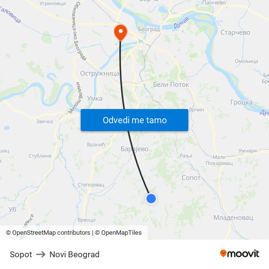 Sopot to Novi Beograd map