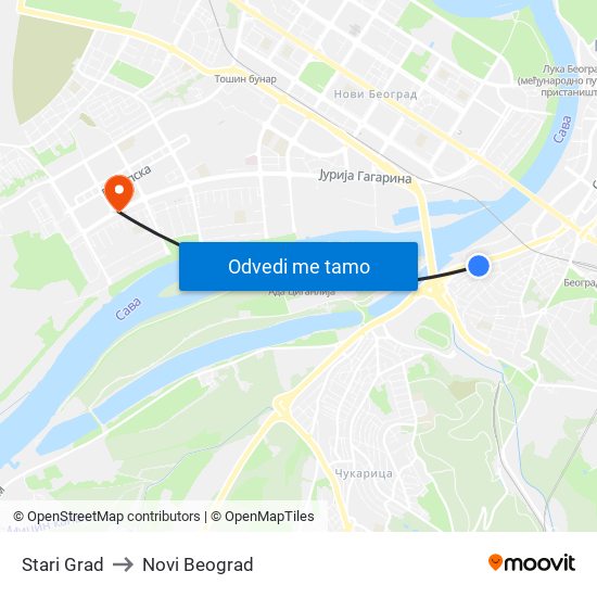 Stari Grad to Novi Beograd map