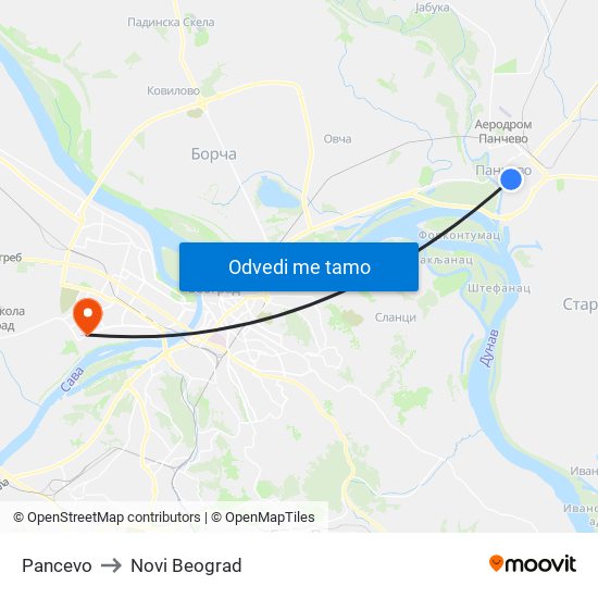 Pancevo to Novi Beograd map