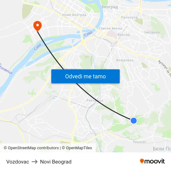 Vozdovac to Novi Beograd map