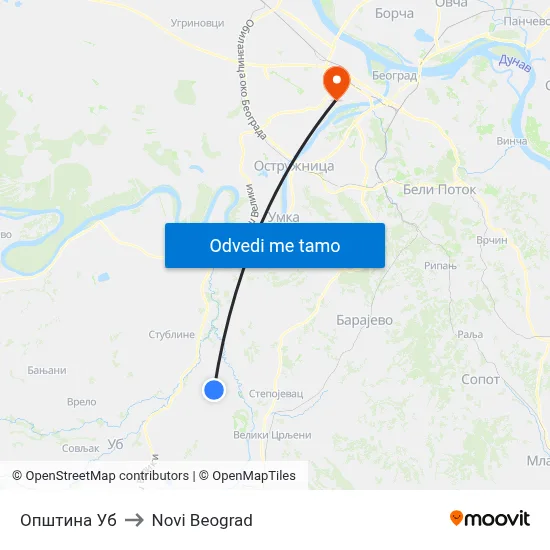 Општина Уб to Novi Beograd map