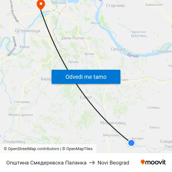 Општина Смедеревска Паланка to Novi Beograd map