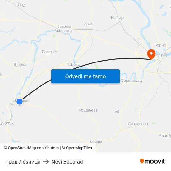 Град Лозница to Novi Beograd map