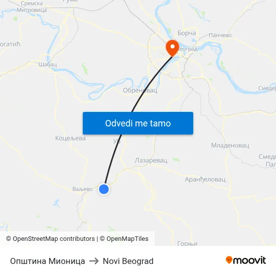 Општина Мионица to Novi Beograd map