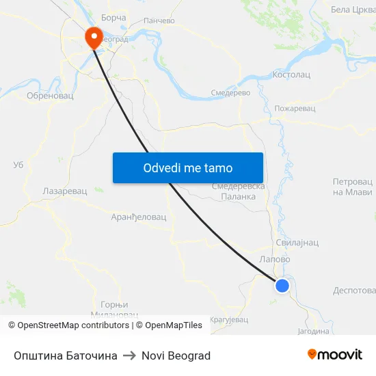Општина Баточина to Novi Beograd map