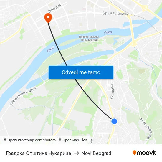 Градска Општина Чукарица to Novi Beograd map