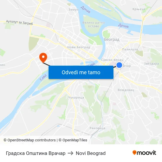 Градска Општина Врачар to Novi Beograd map