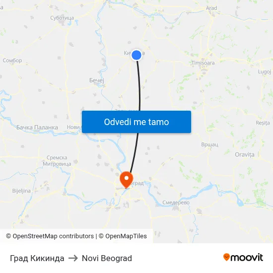 Град Кикинда to Novi Beograd map