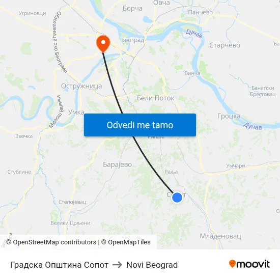 Градска Општина Сопот to Novi Beograd map