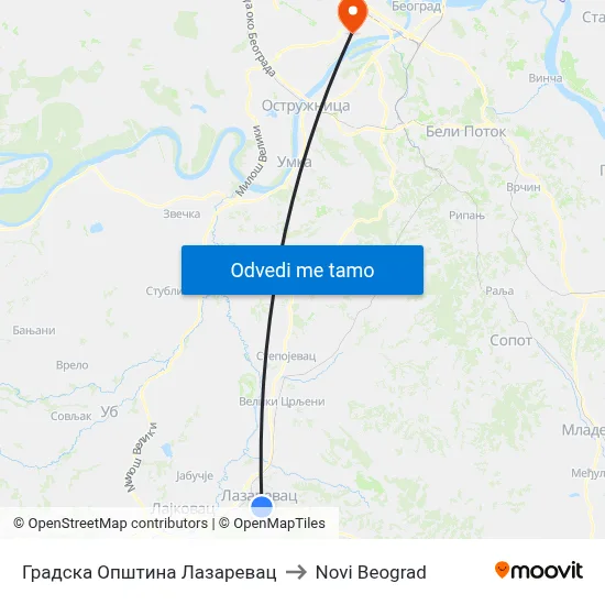 Градска Општина Лазаревац to Novi Beograd map