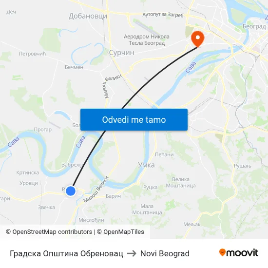 Градска Општина Обреновац to Novi Beograd map