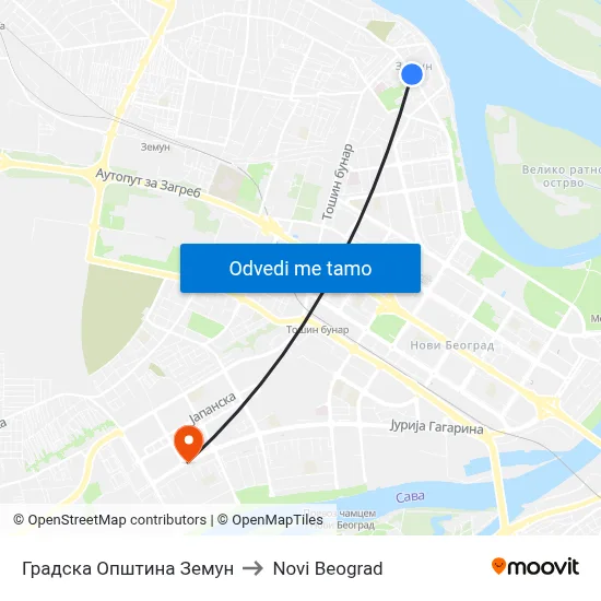 Градска Општина Земун to Novi Beograd map