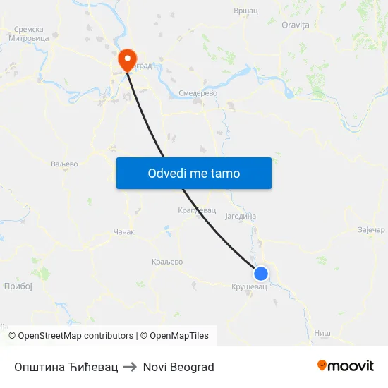 Општина Ћићевац to Novi Beograd map