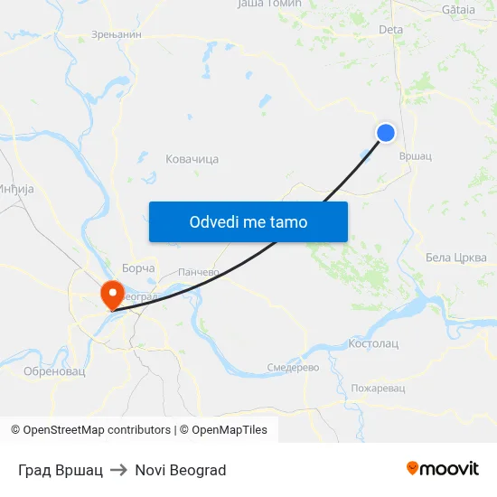 Град Вршац to Novi Beograd map